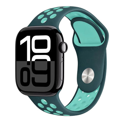 Apple Watch series 10 with a green and turquoise Silicone Nike band on a white background