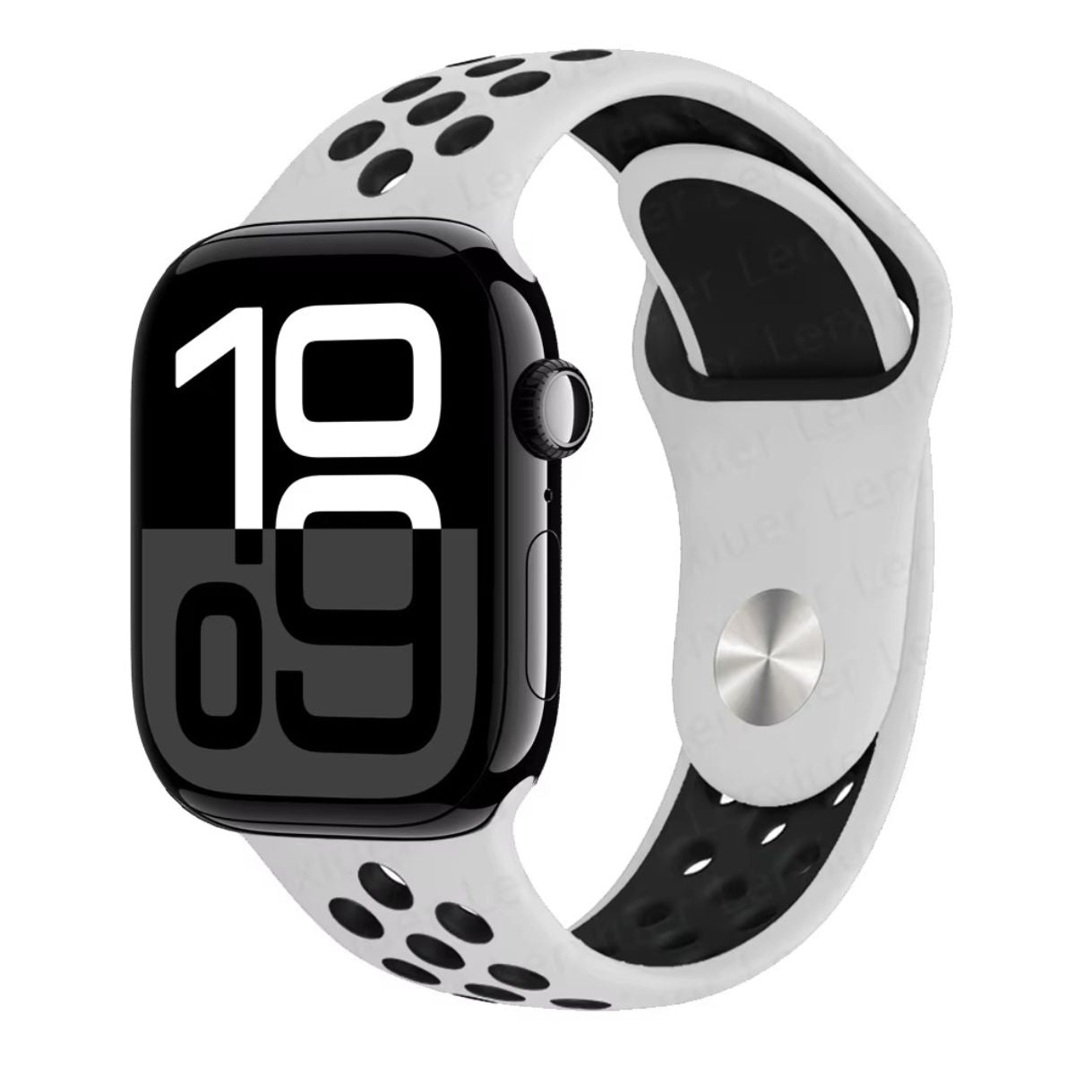 Apple Watch series 10 with a white and black Sport Silicone Nike band on a white background