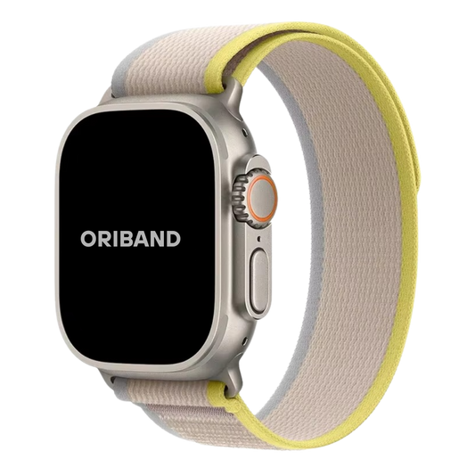 Yellow Beige Trail Loop Apple Watch band with a lightweight, breathable nylon design and secure hook-and-loop fastener.