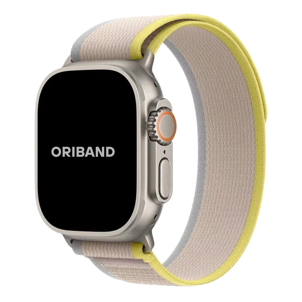 Yellow Beige Trail Loop Apple Watch band with a lightweight, breathable nylon design and secure hook-and-loop fastener.