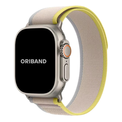 Yellow Beige Trail Loop Apple Watch band with a lightweight, breathable nylon design and secure hook-and-loop fastener.